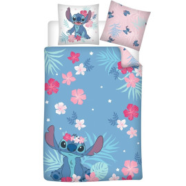 Parure de lit réversible Stitch et motifs floraux - Bleue - 140 cm x 200 cm