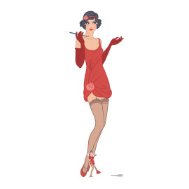Figurine en carton femme des années 1920 en robe rouge et porte cigarette vintage - H 178 cm