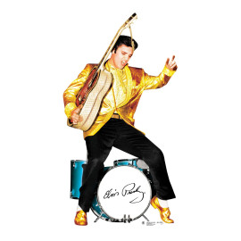 Figurine en carton Elvis Presley, chaussures et veste dorées, et guitare et batterie - H185 cm
