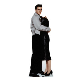 Figurine en carton Passe tête Elvis debout qui serre une femme en robe noire 182 cm
