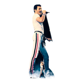 Figurine en carton Freddie Mercury concert 1982 pantalon rayure bleu, blanc et rouge -H 184cm