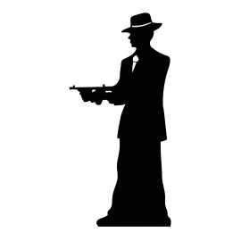 la plv décoration en carton représente un gangster en costume et chapeau des années 30 avec une mitraillette, style 
