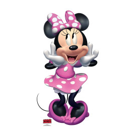 Figurine en carton Disney Minnie avec une robe rose à pois blanc, qui fait un grand sourire 89 cm
