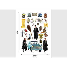 Sticker Harry Potter - tous les personnages avec une voiture bleue - 1 planche 42,5 x 65 cm