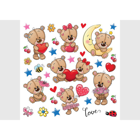 Stickers - Doudous avec des cœurs et la lune- 1 planche 30 x 30 cm