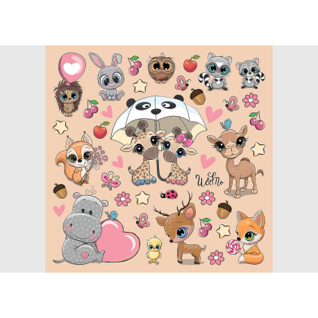 Stickers Animaux mignons - Girafe, Hiboux, Renard, Lapin - 1 planche 30x30cm