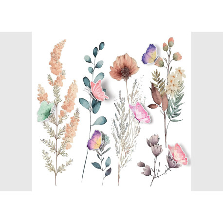 Stickers - Plantes avec papillons roses - 1 planche 30x30cm