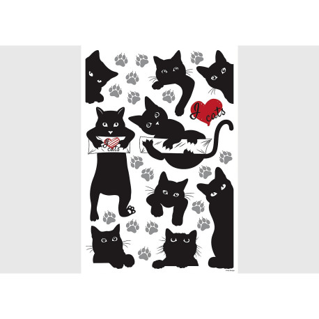 Stickers Animaux - Chats Noirs avec Cœur Rouge - 1 planche 42,5 x 65 cm