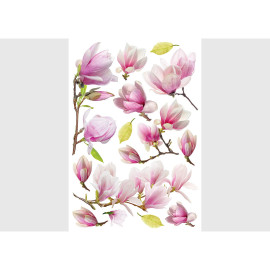 Stickers Fleurs Magnolia avec des Feuilles Vertes - 1 planche 42,5 x 65 cm