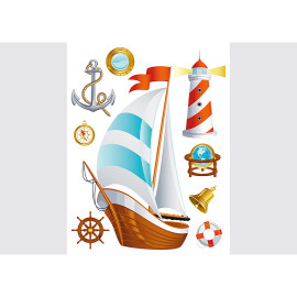 Stickers - Bateau Géant avec objets marins - 1 planche 65x85 cm