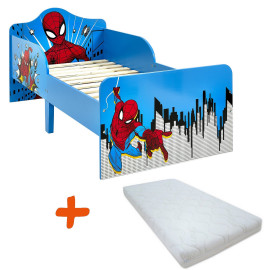 Lit bois + Matelas Spiderman bleu et rouge - 140x70 cm