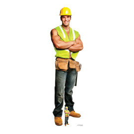 Figurine en carton Chippendale en tenue d'ouvrier du bâtiment avec son gilet jaune 181 cm