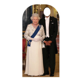 Figurine en carton passe tête Reine Elisabeth d'Angleterre et homme en costume 189 cm