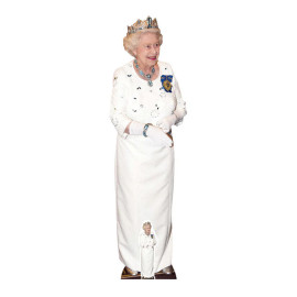 Figurine en carton Reine Elisabeth robe blanche et couronne royale Haut 172 cm