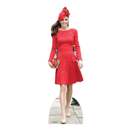 Figurine en carton Kate Middleton en robe et chapeau rouge