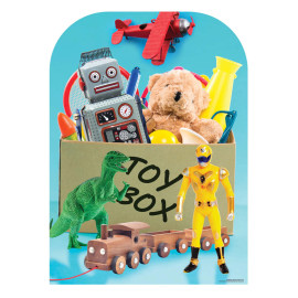 Figurine en carton et passe tête coffre à jouets garçon avec dinosaure, train en bois, pilote 131 cm