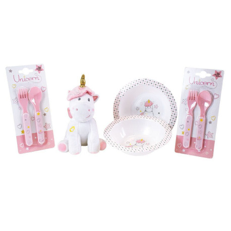 LICORNE LOT AVEC 2 BOLS, 2 SETS DE COUVERTS ET 1 PELUCHE 17 CM