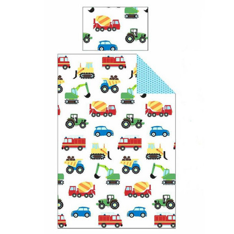 Parure de lit simple tracteur, voiture, camion - 120 cm x 150 cm