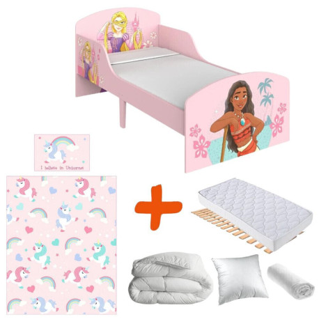 Lit bois + Matelas Princesses Disney Raiponce et Vaiana - 140x70 cm