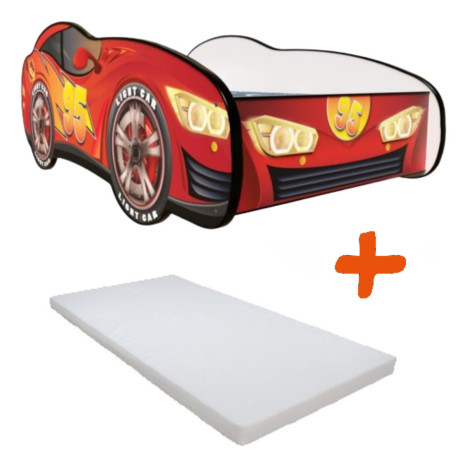 Lit LED et Matelas - Lit Enfant Voiture de Course Rouge - Cars - 140 x 70 cm