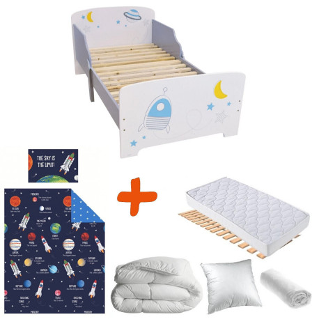 Pack Lit Espace et planètes avec Matelas et Textile complet - couchage 140x70 cm