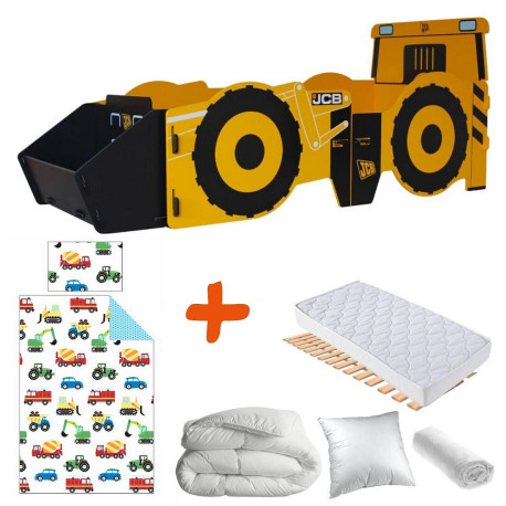 Pack Lit à clipser JCB modèle tractopelle avec Matelas et Textile complet - couchage 90x190