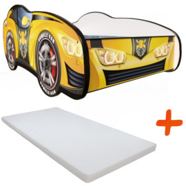Lit LED + Matelas - Lit Enfant Racing Car Hero - Transformers - Bumblebee Car - Jaune - 140 x 70 cm