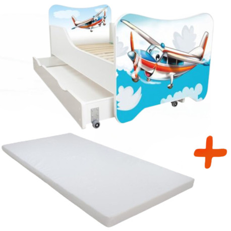 Lit pour enfant modèle Avion avec tiroir de rangement et Matelas - couchage 70 x140 cm