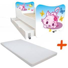 Lit pour enfant modèle petit chat avec tiroir de rangement et Matelas - couchage 70 x140 cm