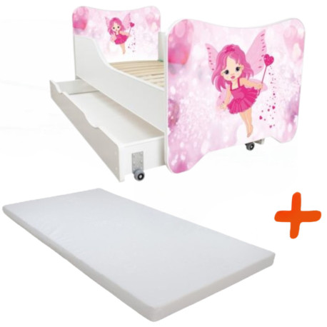 Lit pour enfant modèle fée rose avec tiroir de rangement et Matelas - couchage 70 x140 cm