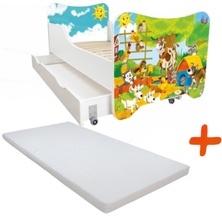 Lit pour enfant modèle ferme avec tiroir de rangement et Matelas - couchage 70 x140 cm