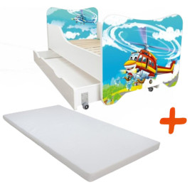 Lit pour enfant modèle Hélicoptère avec tiroir de rangement et Matelas - couchage 70 x140 cm