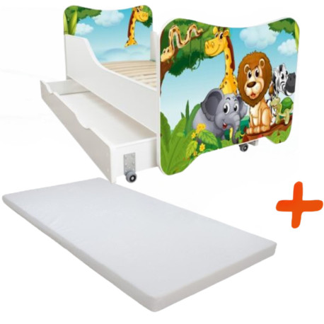 Lit pour enfant modèle jungle avec tiroir de rangement et Matelas - couchage 70 x140 cm