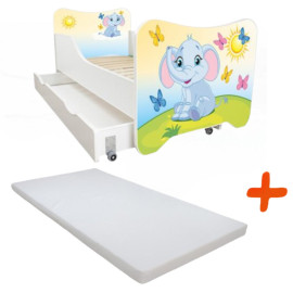 Lit pour enfant modèle petit éléphant avec tiroir de rangement et Matelas - couchage 70 x140 cm