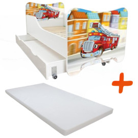 Lit pour enfant modèle camion de pompier avec tiroir de rangement et Matelas - couchage 70 x140 cm
