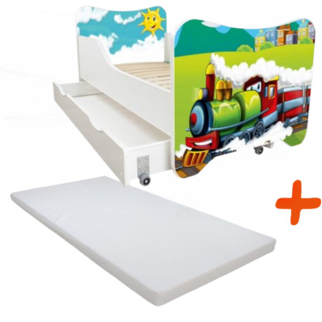 Lit pour enfant modèle train vert avec tiroir de rangement et Matelas - couchage 70 x140 cm