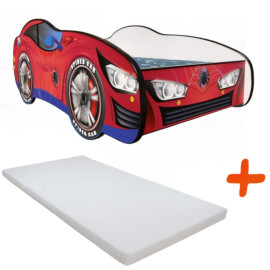 Lit LED + Matelas - Lit Enfant Racing Car Hero - Spidercar - Rouge et Bleu - 140 x 70 cm