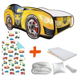 Lit LED + Matelas - Lit Enfant Racing Car Hero - Transformers - Bumblebee Car - Jaune - 140 x 70 cm