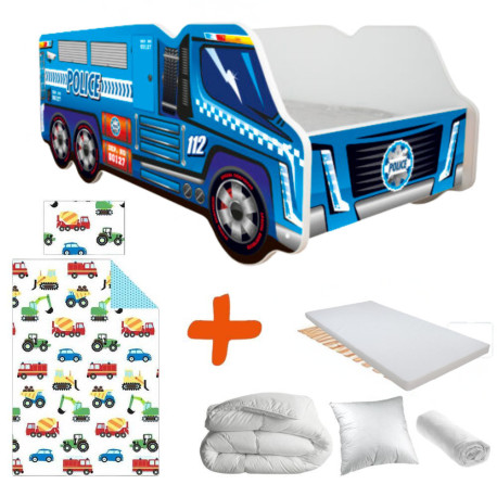 Lit enfant Camion modèle police bleu + Matelas - 70x140 cm