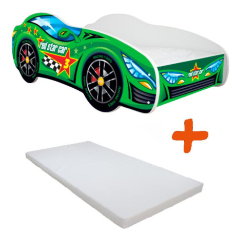 Lit + Matelas - Lit Enfant Green Car - Racing Car - 160 x 80 cm