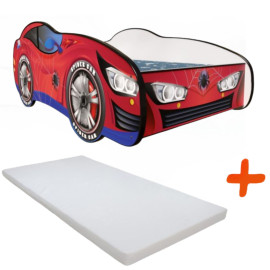 Lit + Matelas - Lit Enfant Spidercar - Rouge et Bleu - 160 x 80 cm