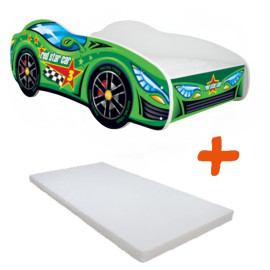 Lit LED + Matelas - Lit Enfant Green Car - Racing Car - 140 x 70 cm