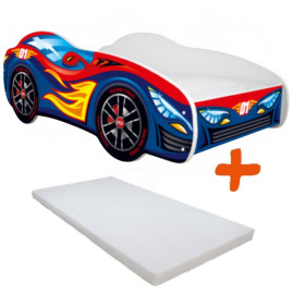 Lit LED + Matelas - Lit Enfant Red Blue Car - Racing Car - 140 x 70 cm