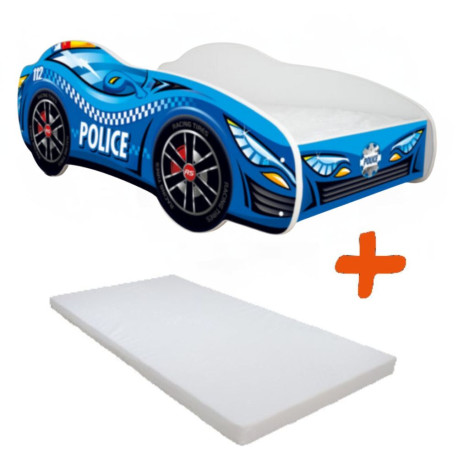 Lit LED + Matelas - Lit Enfant Police Racing Car - 140 x 70 cm