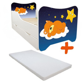 Lit pour enfant modèle l'ours Teddy endormi avec tiroir de rangement et Matelas - couchage 70 x140 cm