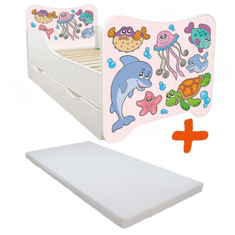 Lit pour enfant modèle poissons avec tiroir de rangement et Matelas - couchage 70 x140 cm