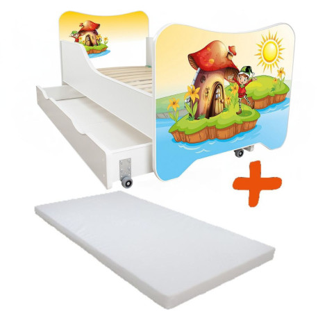 Lit pour enfant modèle elfe avec tiroir de rangement et Matelas - couchage 70 x140 cm