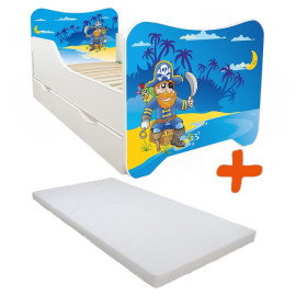 Lit pour enfant modèle "vieux pirate" avec tiroir de rangement et Matelas - couchage 70 x140 cm