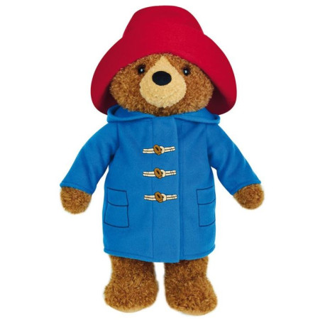 Peluche ours Paddington de face chapeau rouge et duffel-coat bleu - Haut 45 cm