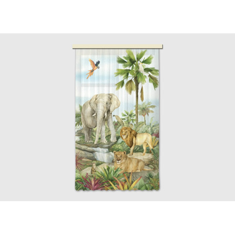 Voilage Animaux de la jungle - Éléphant, lion, perroquet en couleur - 1 pièce - L 140 cm x H 245 cm 